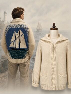 VINTAGE New England coastal ship boat sweater Cowichan Mary Maxim heavy wool